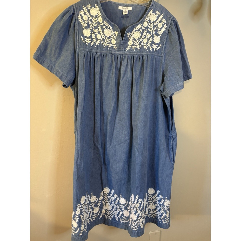 GO SOFTLY PATIO Blue Chambray Floral Embroidered Dress XL Made In India